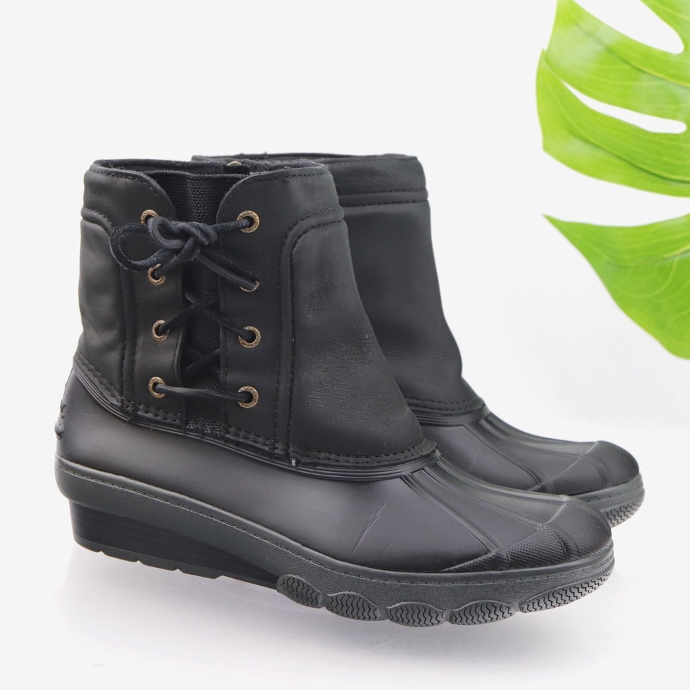 Sperry Womens Quarter Duck Boots Size 8 Black Leather Wedge Rain Ankle Booties